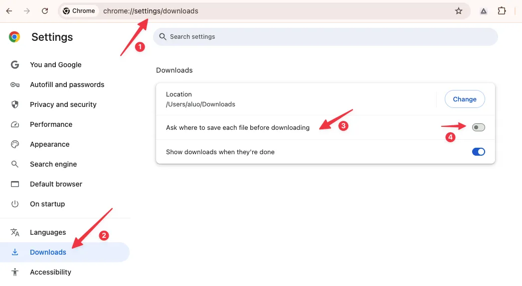 Chrome Downloads settings showing the Ask where to save each file before downloading option
