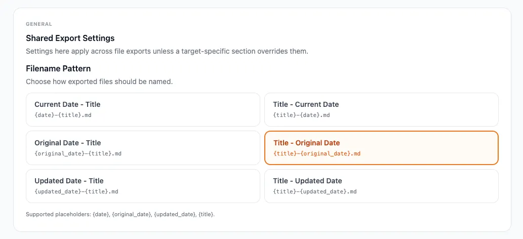 Filename Pattern settings for PDF and Markdown exports