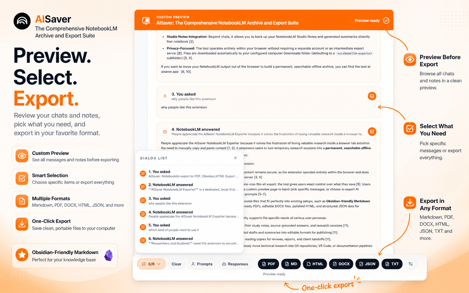 NotebookLMExporter custom preview placeholder with selectable messages and export buttons