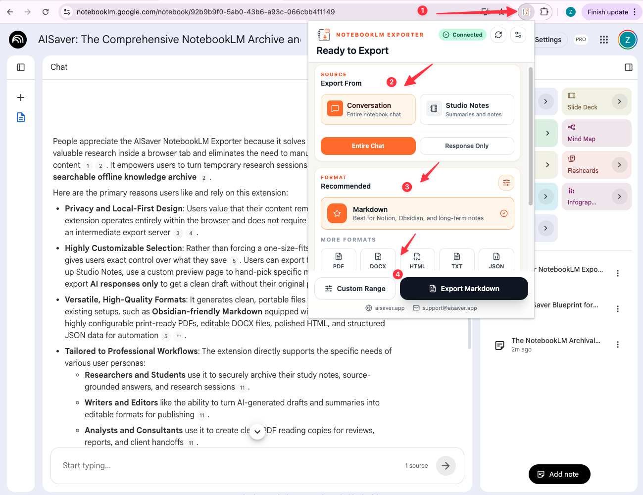 NotebookLMExporter import placeholder showing source detection and notebook picker